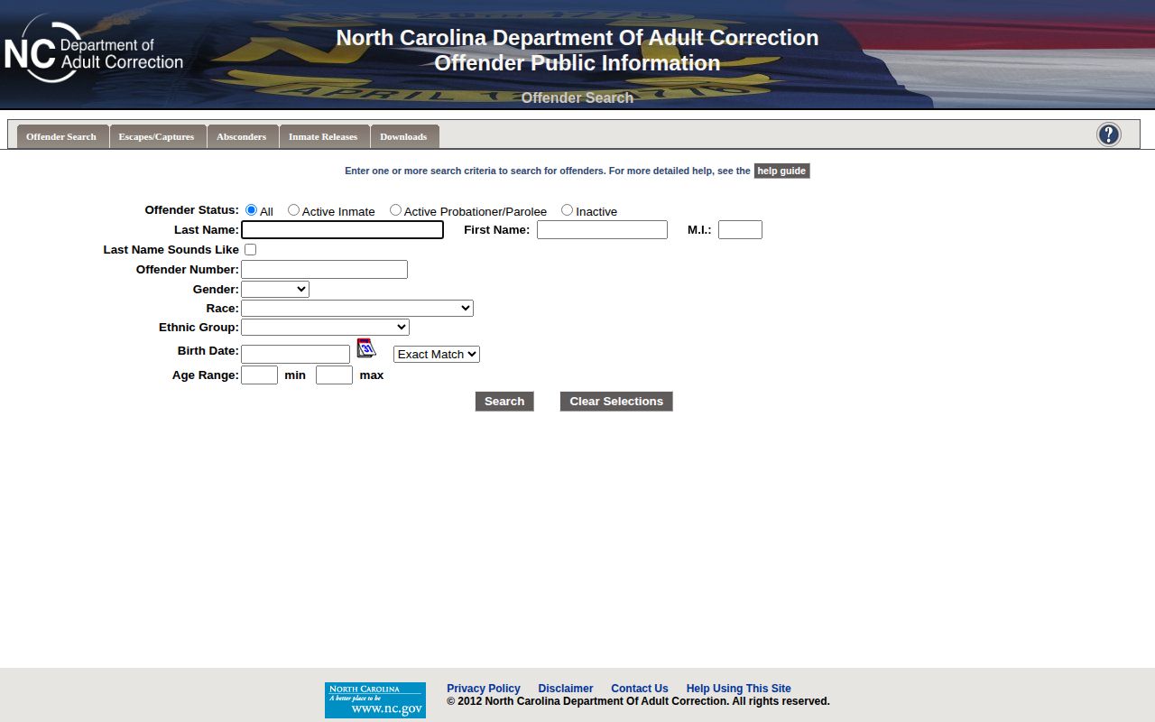 NCDAC search fields for Vance County released inmates