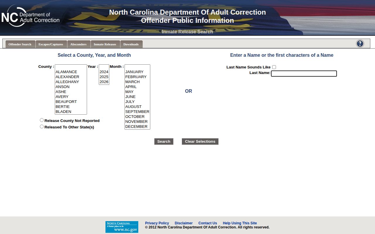 NCDAC monthly Vance County state inmate release search