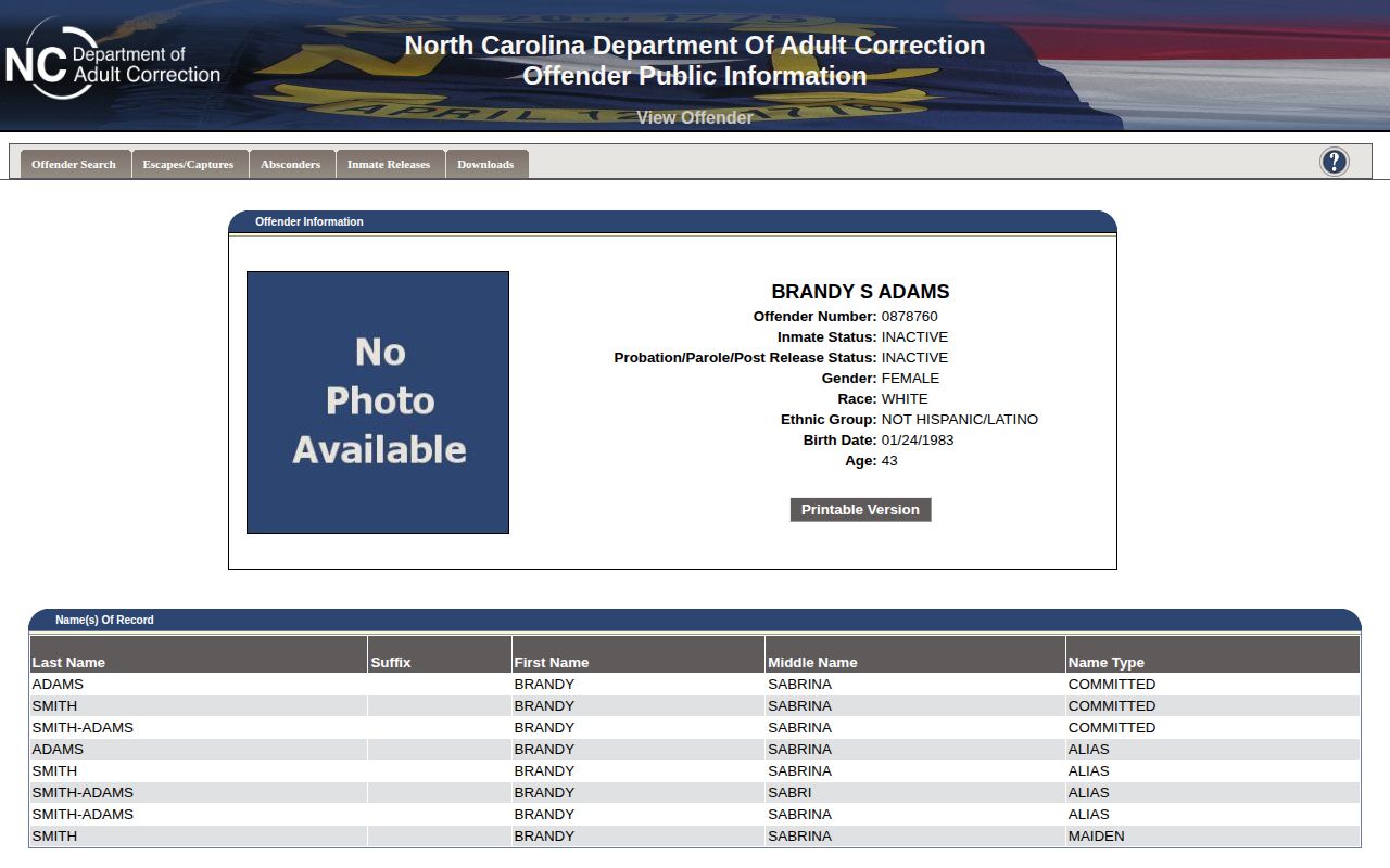 Vance County NCDAC projected and actual inmate release date fields