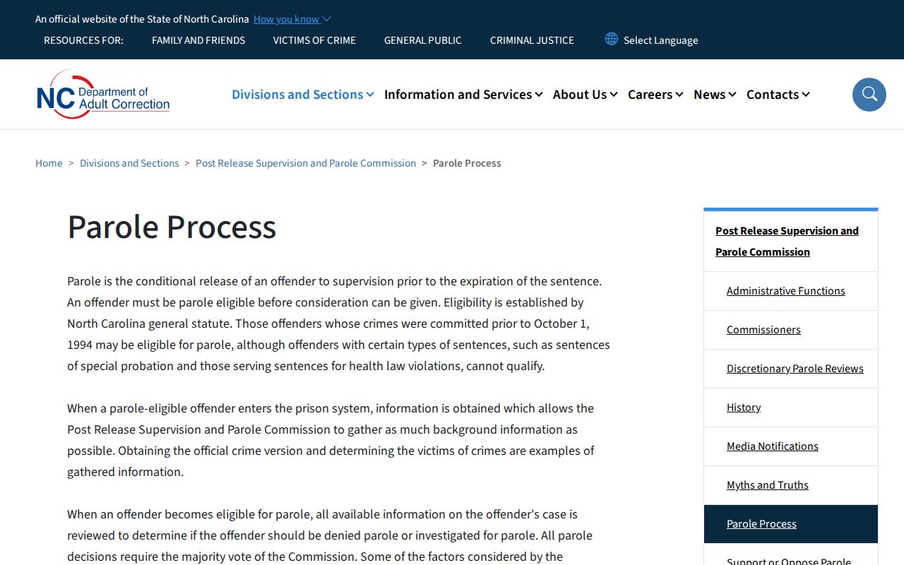 Vance County parole process and post-release supervision information